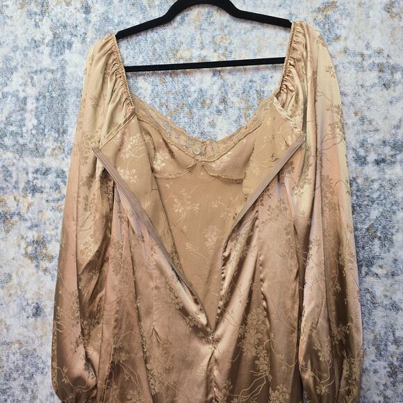 SHEIN Slip Dress Womens Medium Gold Floral Lace Long Sleeve Jacquard Mini Party - Picture 9 of 11